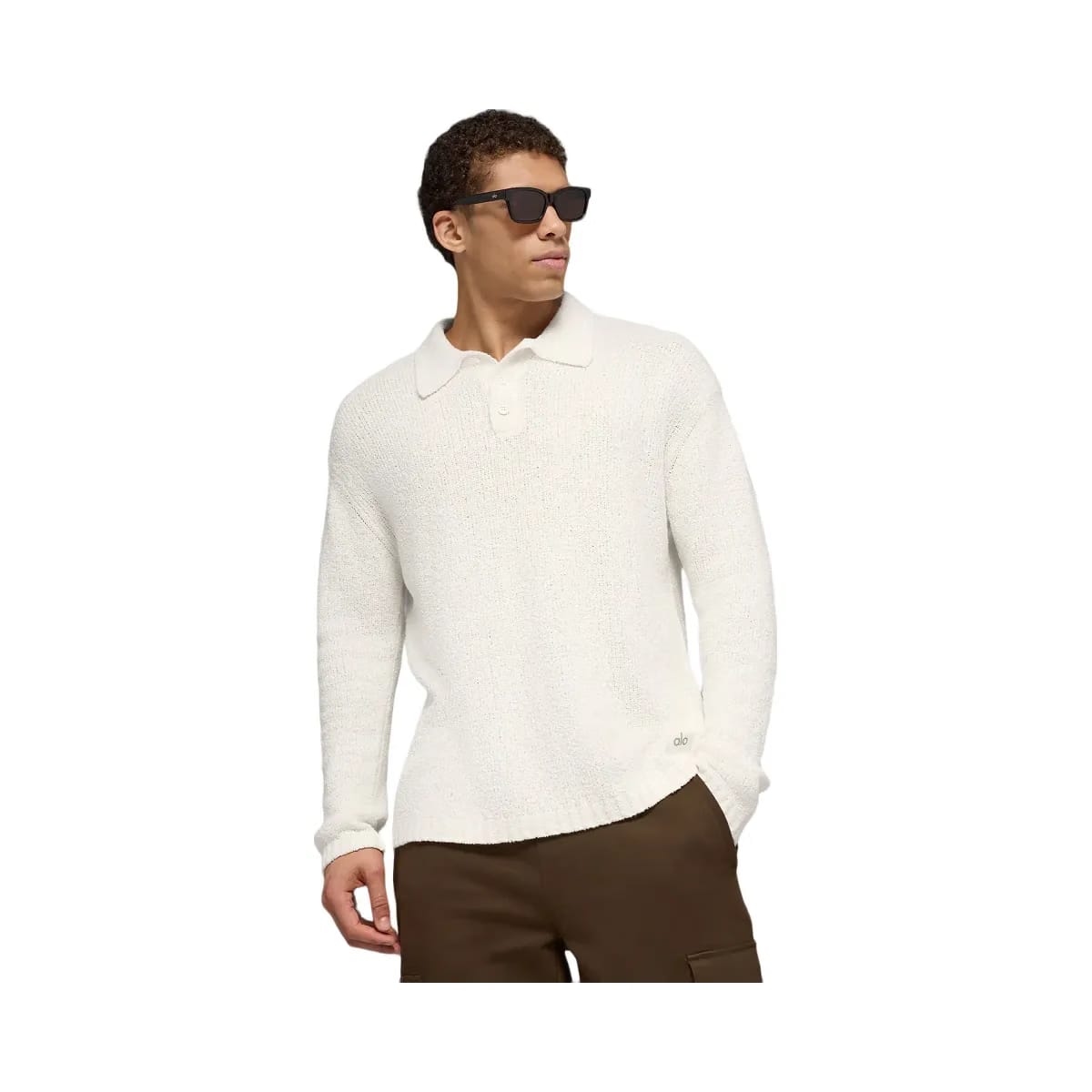 Alo Men's Textured Knit Long Sleeve Polo - Ivory