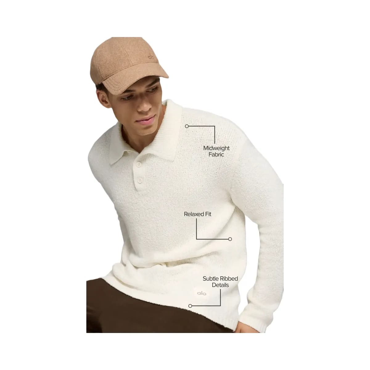 Alo Men's Textured Knit Long Sleeve Polo - Ivory
