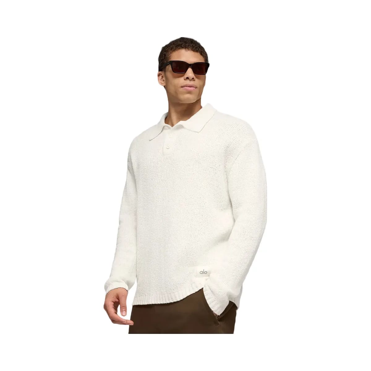 Alo Men's Textured Knit Long Sleeve Polo - Ivory