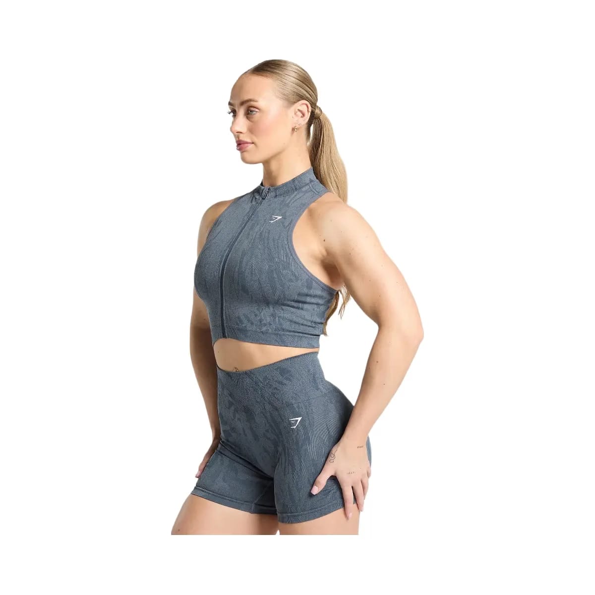 Gymshark Adapt Camo Seamless Zip Up Crop Top - Titanium Blue/Denim Grey