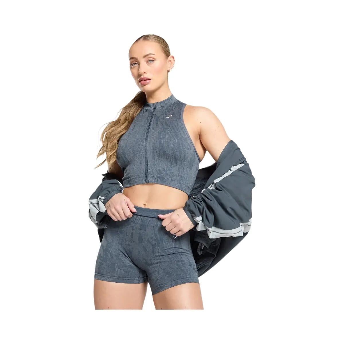 Gymshark Adapt Camo Seamless Zip Up Crop Top - Titanium Blue/Denim Grey