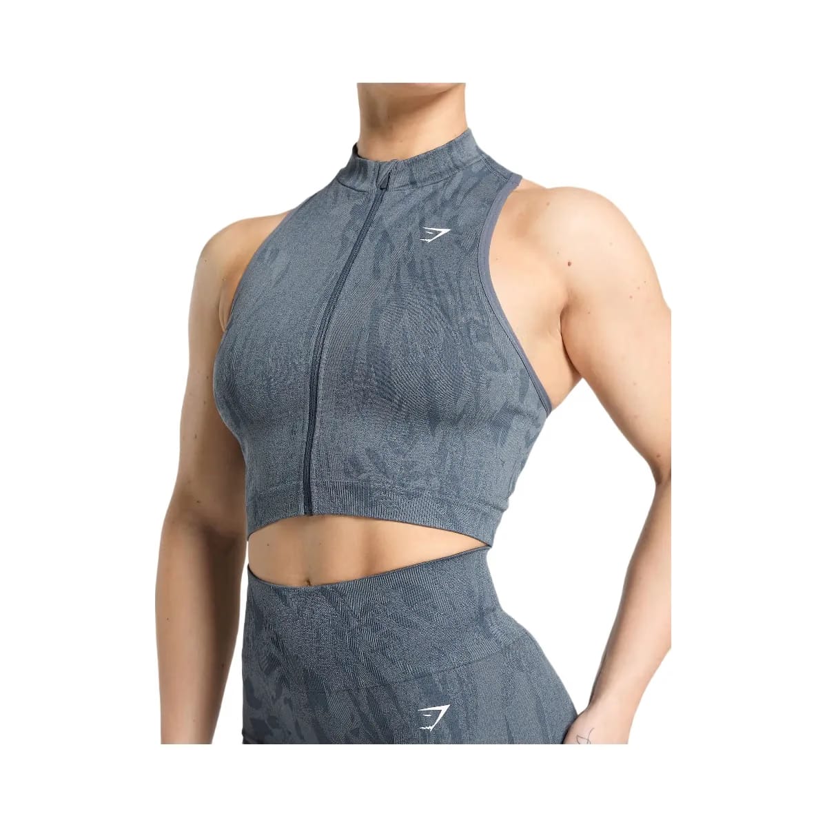 Gymshark Adapt Camo Seamless Zip Up Crop Top - Titanium Blue/Denim Grey