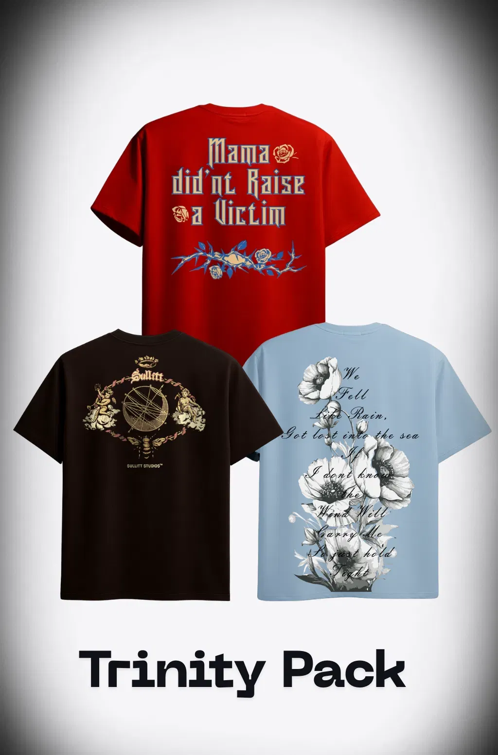 SET OF 3 Orng MAMA, Dark Brown Angel T-Shirt, Blue Blossom Rain Flower T-Shirt