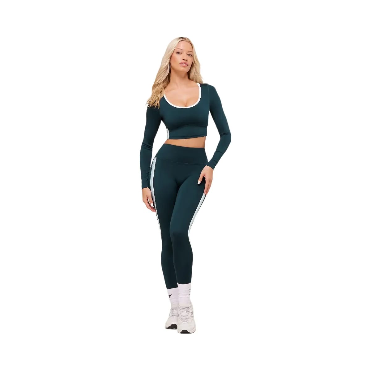 Gymshark Piping Long Sleeve Crop Top - Deep Petrol Blue/Smoke Blue/Soft White