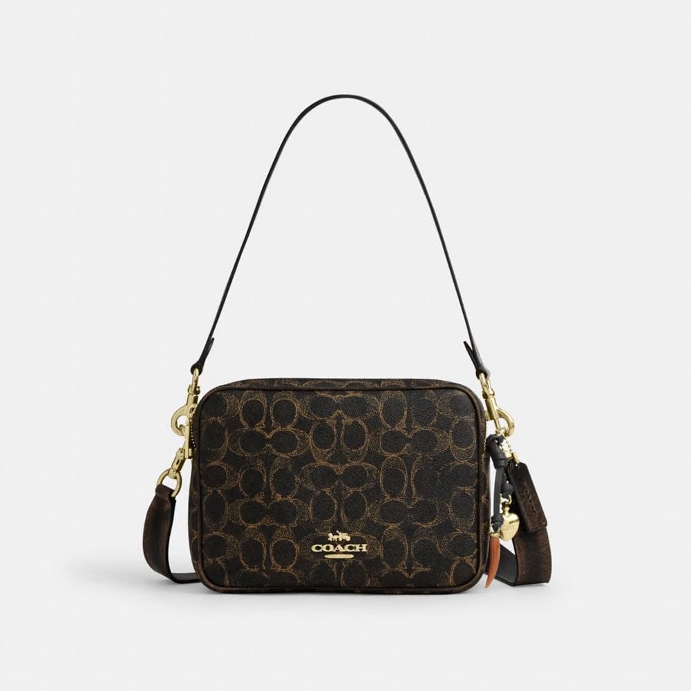 Coach Carey Crossbody Bag In Loved Signature Canvas With Charms Gold Brown