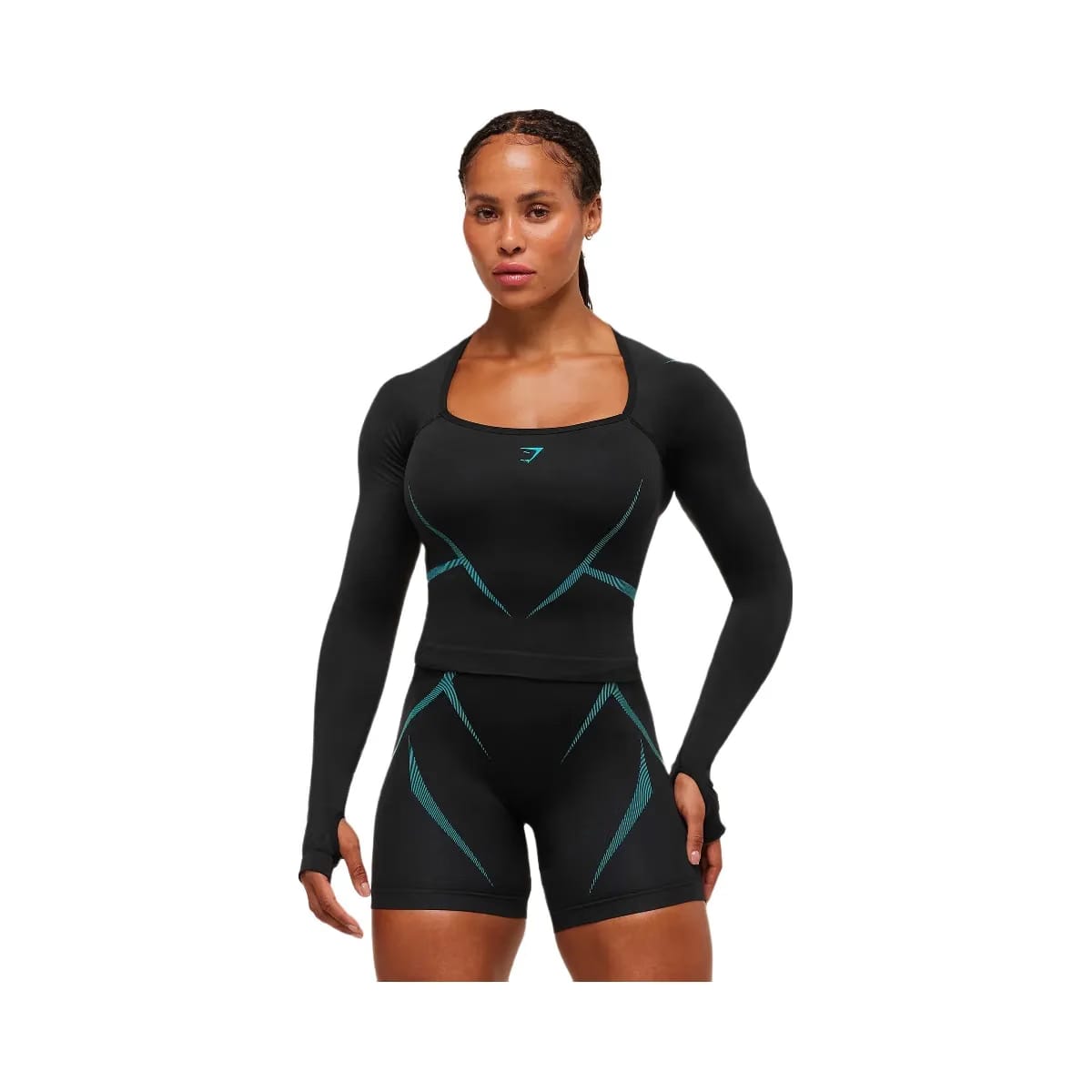 Gymshark Apex Lift Seamless Long Sleeve Crop Top - Black/Brand Blue