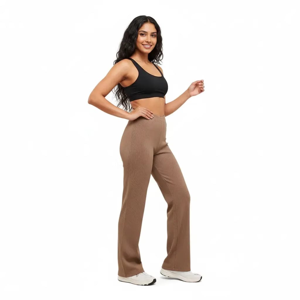 Gymshark Ribbed Cotton Straight Leg Pants - Mocha Mauve/Black
