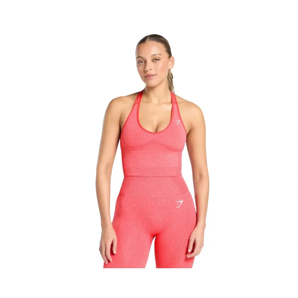 Gymshark Vital Halter Neck Tank With Shelf Crop Top Coral Red Marl
