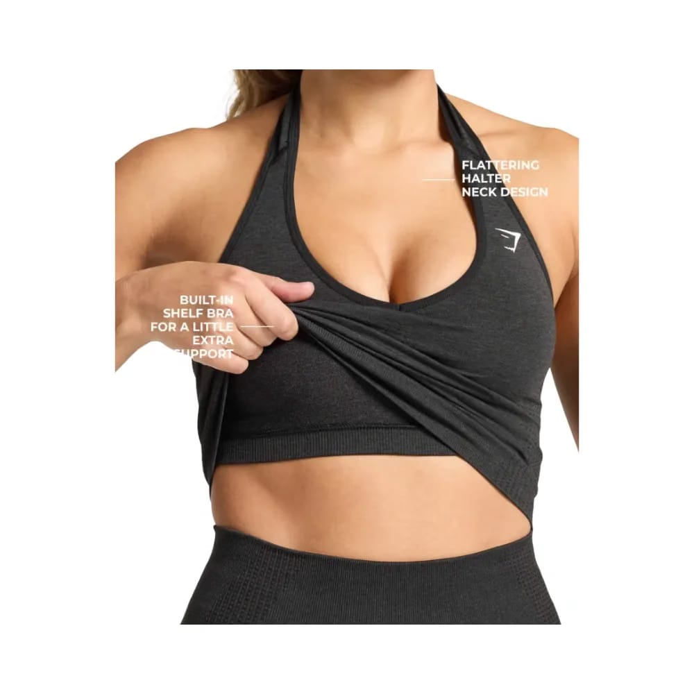 Gymshark Vital Halter Neck Tank With Shelf Crop Top Black Marl