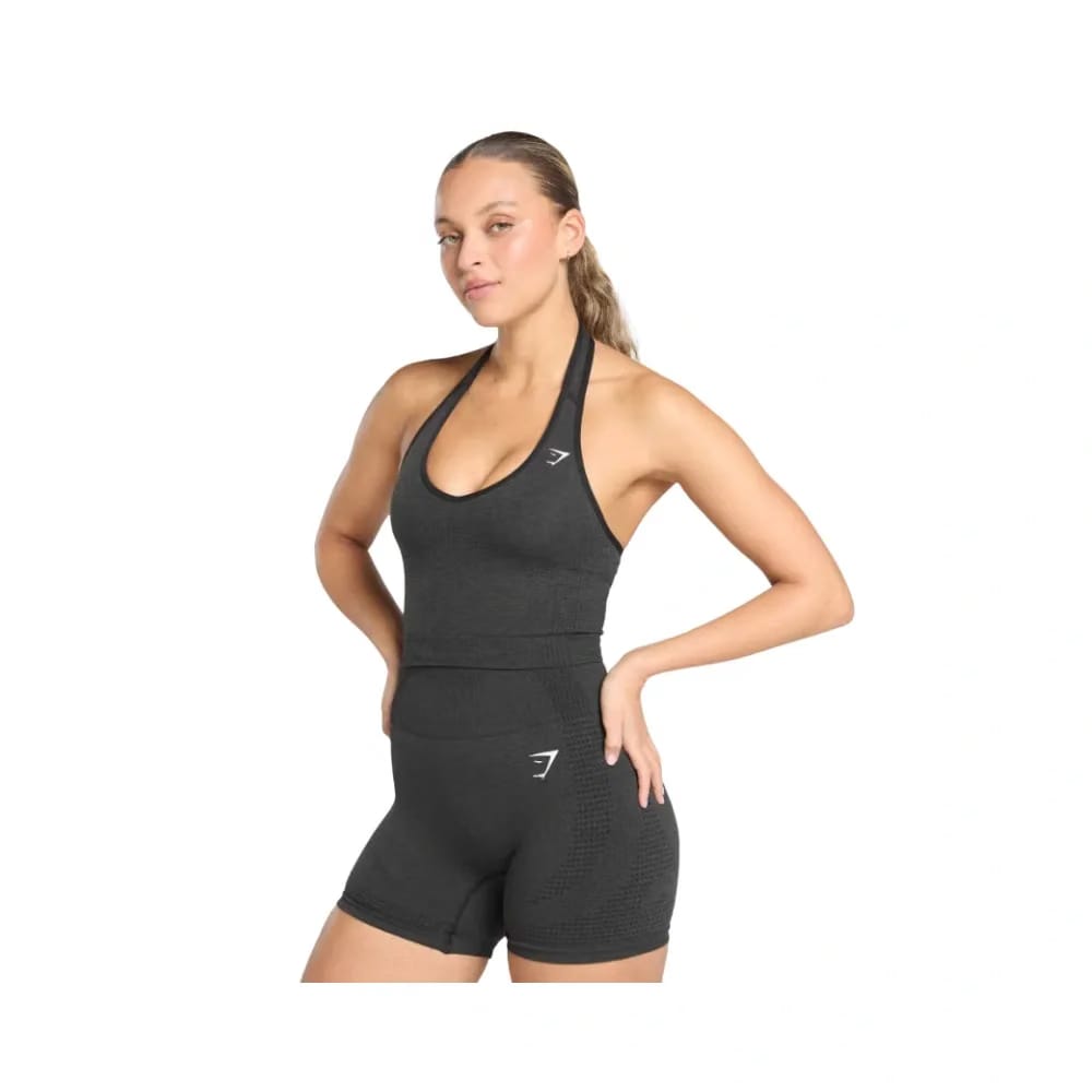 Gymshark Vital Halter Neck Tank With Shelf Crop Top Black Marl