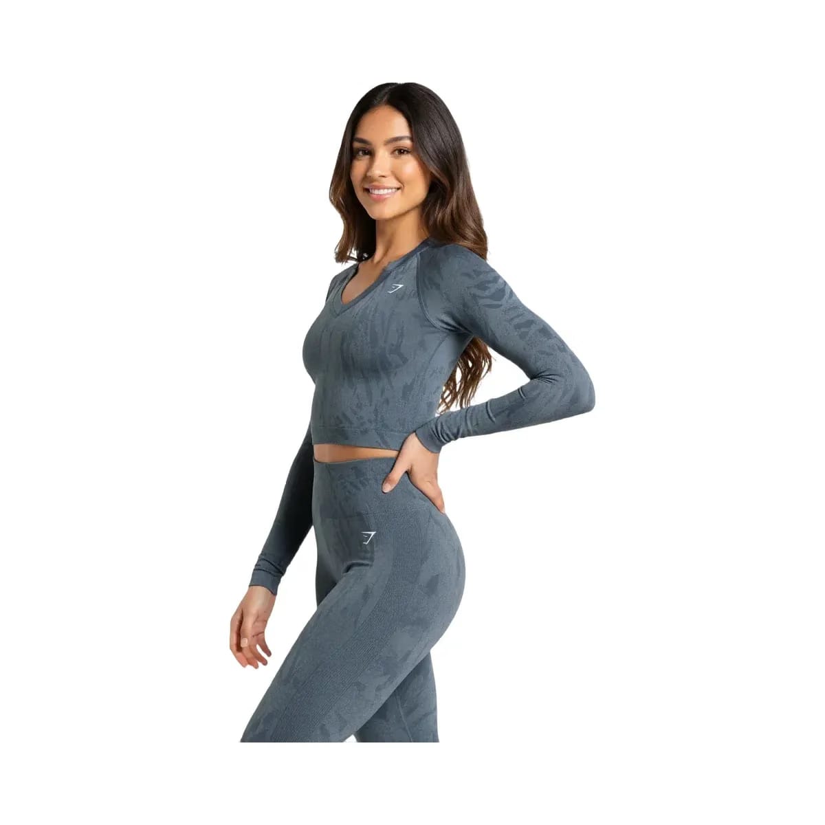 Gymshark Adapt Camo Seamless Long Sleeve Top Body fit Titanium Blue/Denim Grey