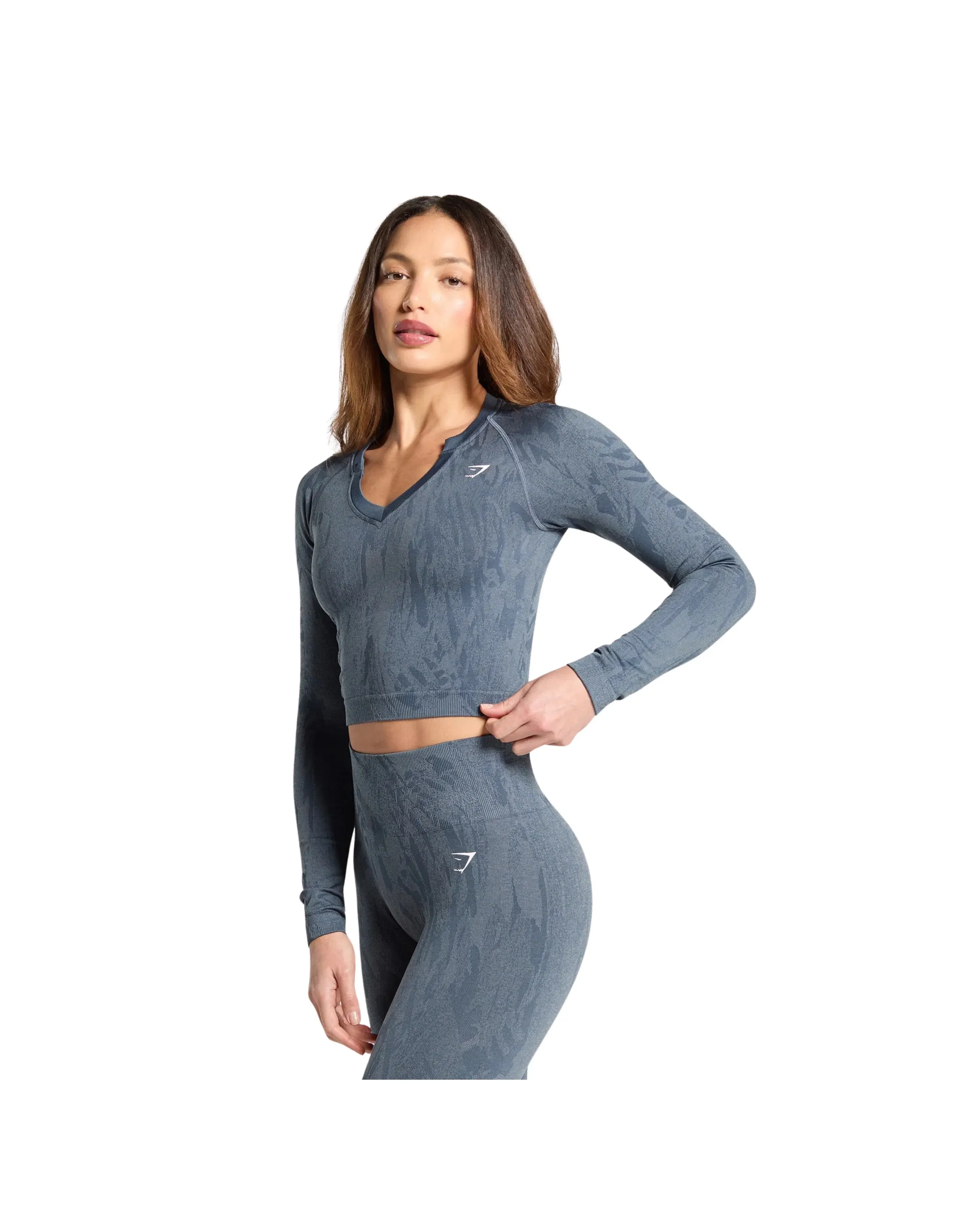 Gymshark Adapt Camo Seamless Long Sleeve Top Body fit Titanium Blue/Denim Grey