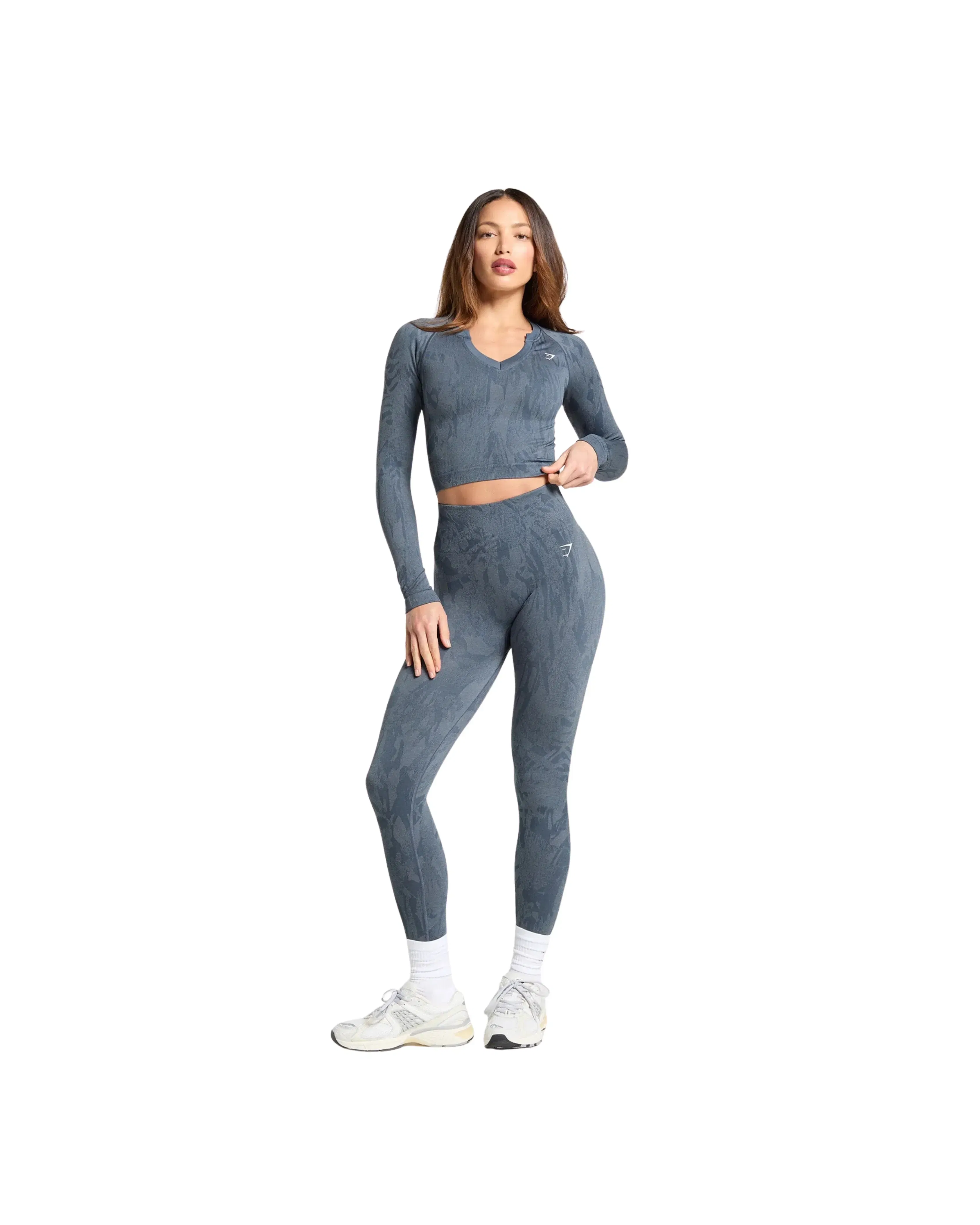 Gymshark Adapt Camo Seamless Long Sleeve Top Body fit Titanium Blue/Denim Grey