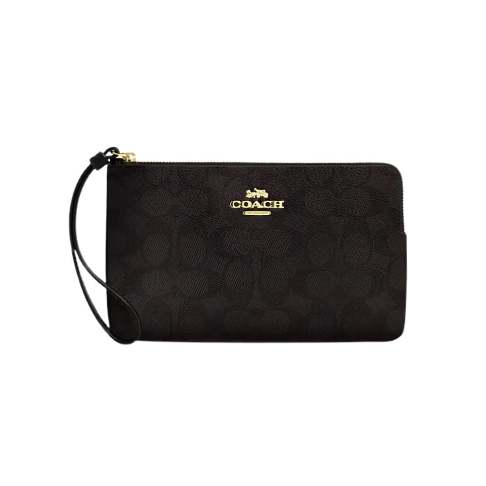 Coach Large Corner Zip Wristlet In SIgnature Canvas in Walnut Black