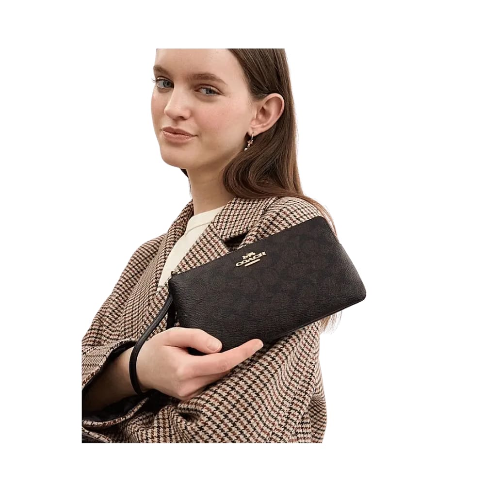 Coach Large Corner Zip Wristlet In SIgnature Canvas in Walnut Black