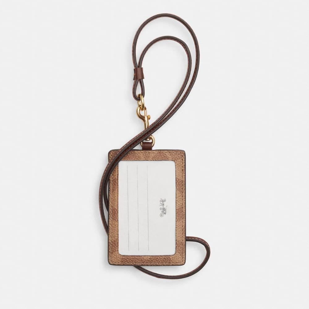 Coach Id Lanyard In Signaure Canvas Gold Tan Brown
