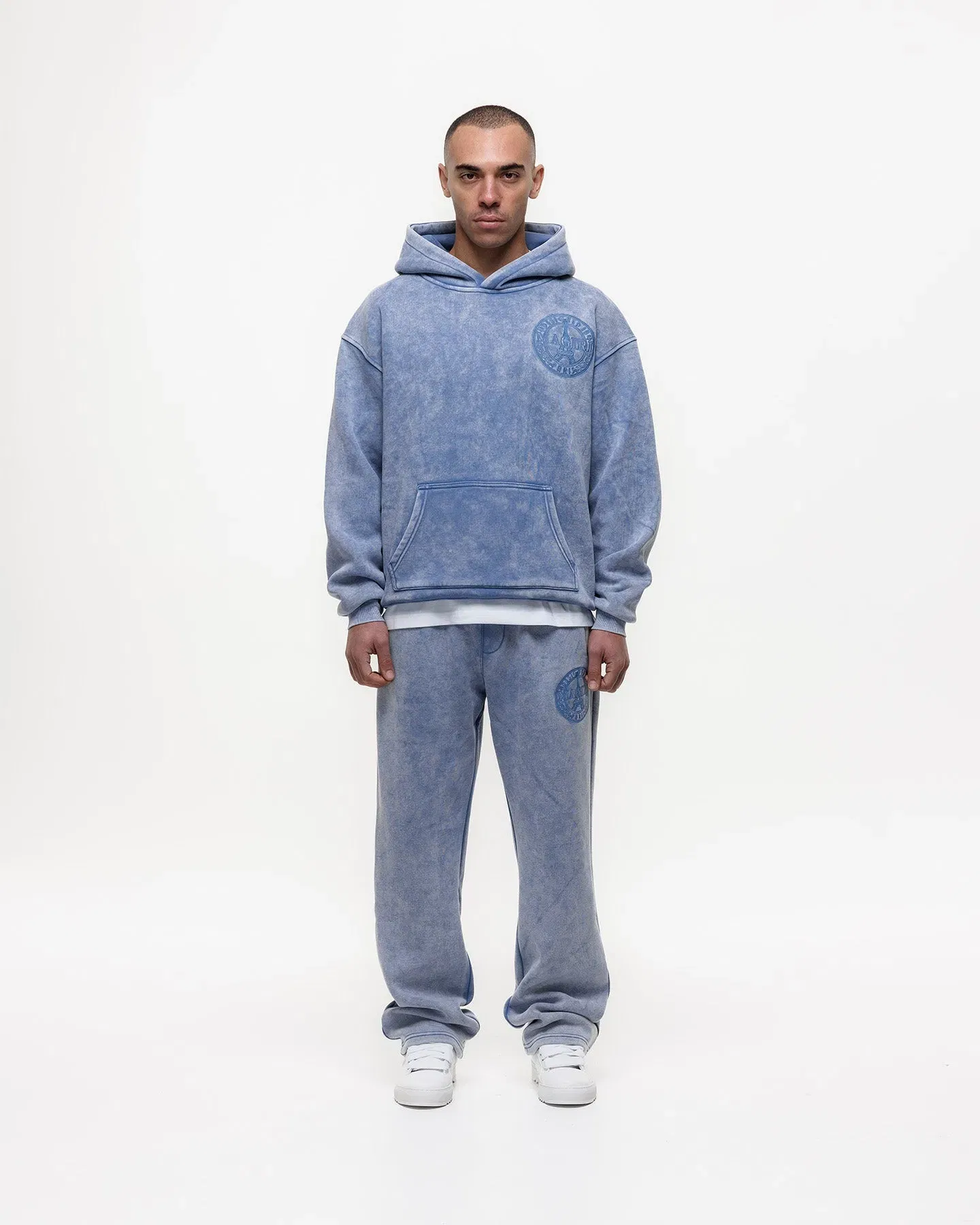 Magiri Embroidered Acid Wash Hoodie & Jogger Tracksuit in Washed Blue