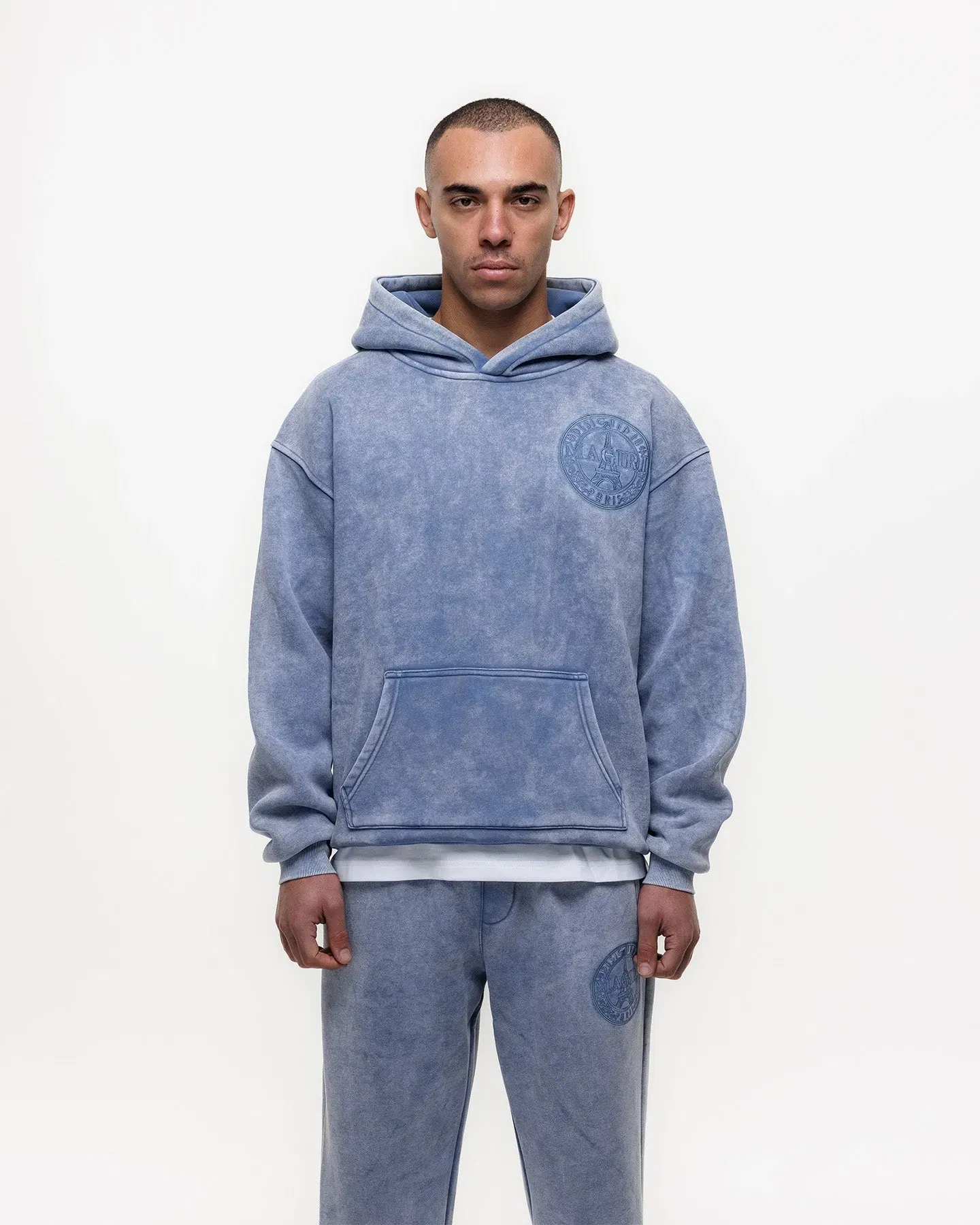 Magiri Embroidered Acid Wash Hoodie & Jogger Tracksuit in Washed Blue