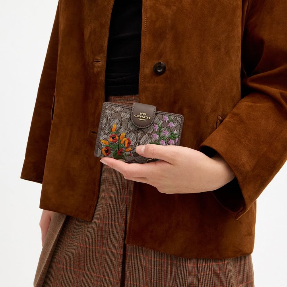 Coach Medium Corner Zip Wallet In Signature Jacquard With Floral Embroidery Gold Oak Multi