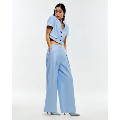 Blue Linen Blend Scallop Wide Leg Trousers