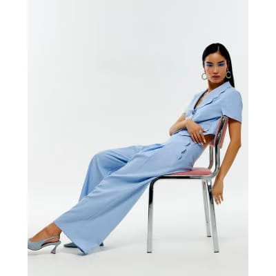 Blue Linen Blend Scallop Wide Leg Trousers