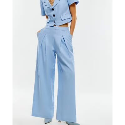 Blue Linen Blend Scallop Wide Leg Trousers