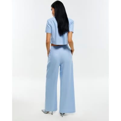 Blue Linen Blend Scallop Wide Leg Trousers