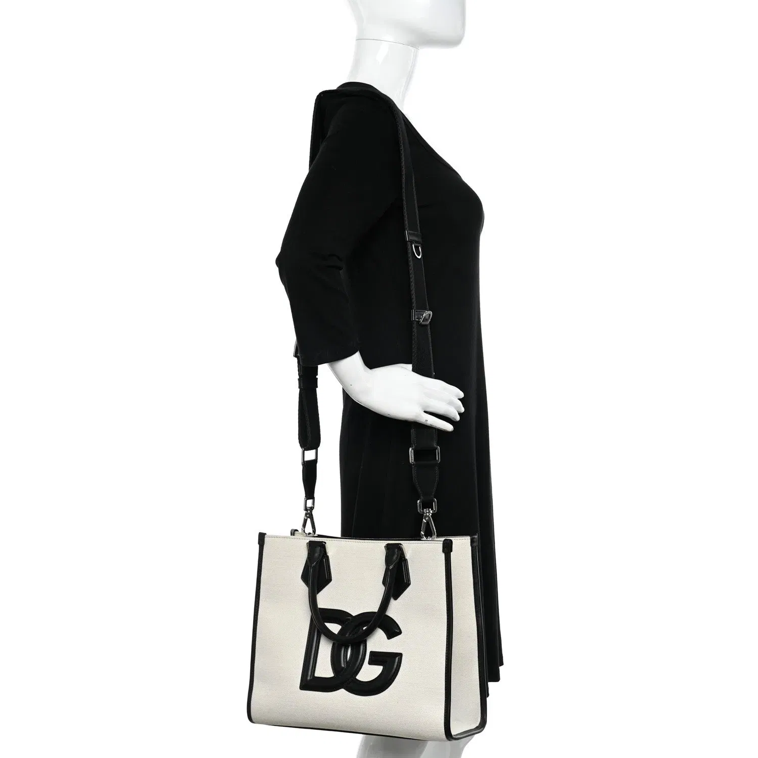 Canvas Calfskin Small DG Logo Shopper Natural Black