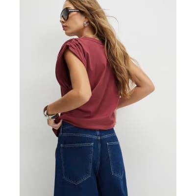 Red Premium Ruched Shoulder T-shirt