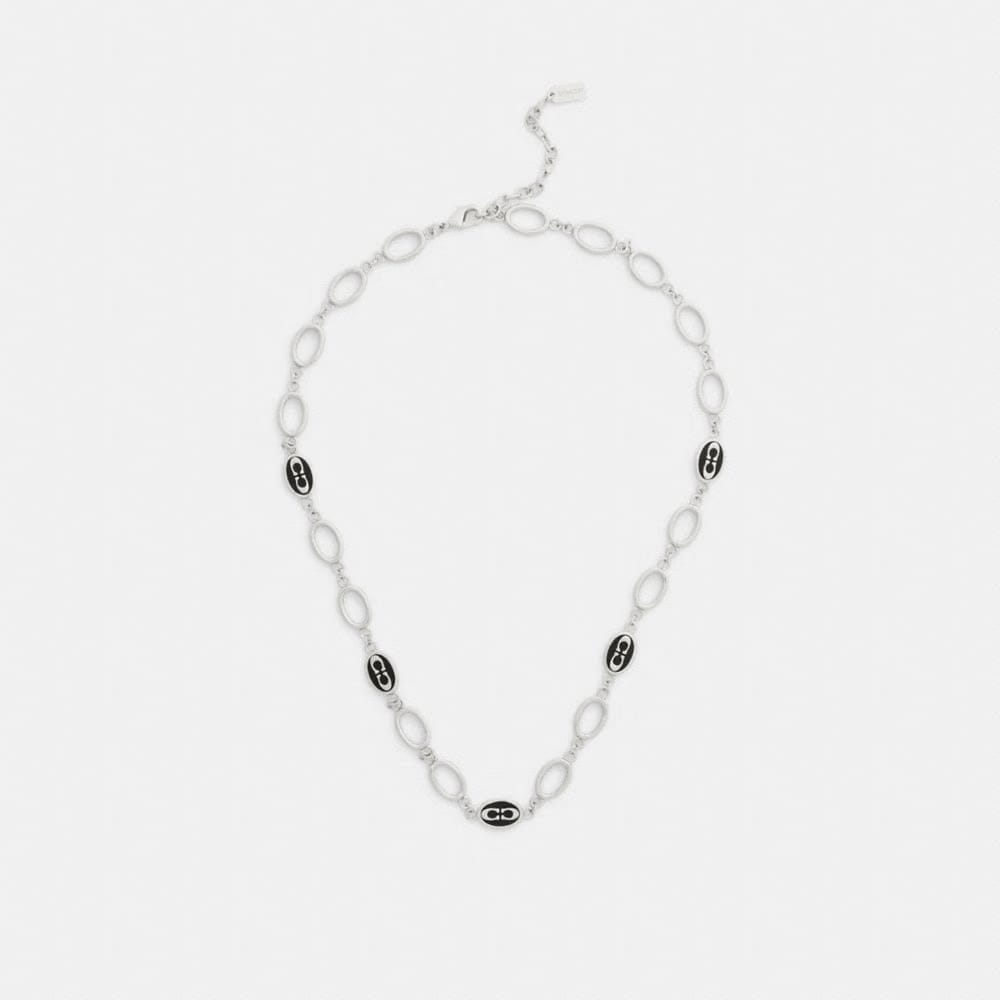 Coach Signature Link Enamel Chain Necklace Silver Black