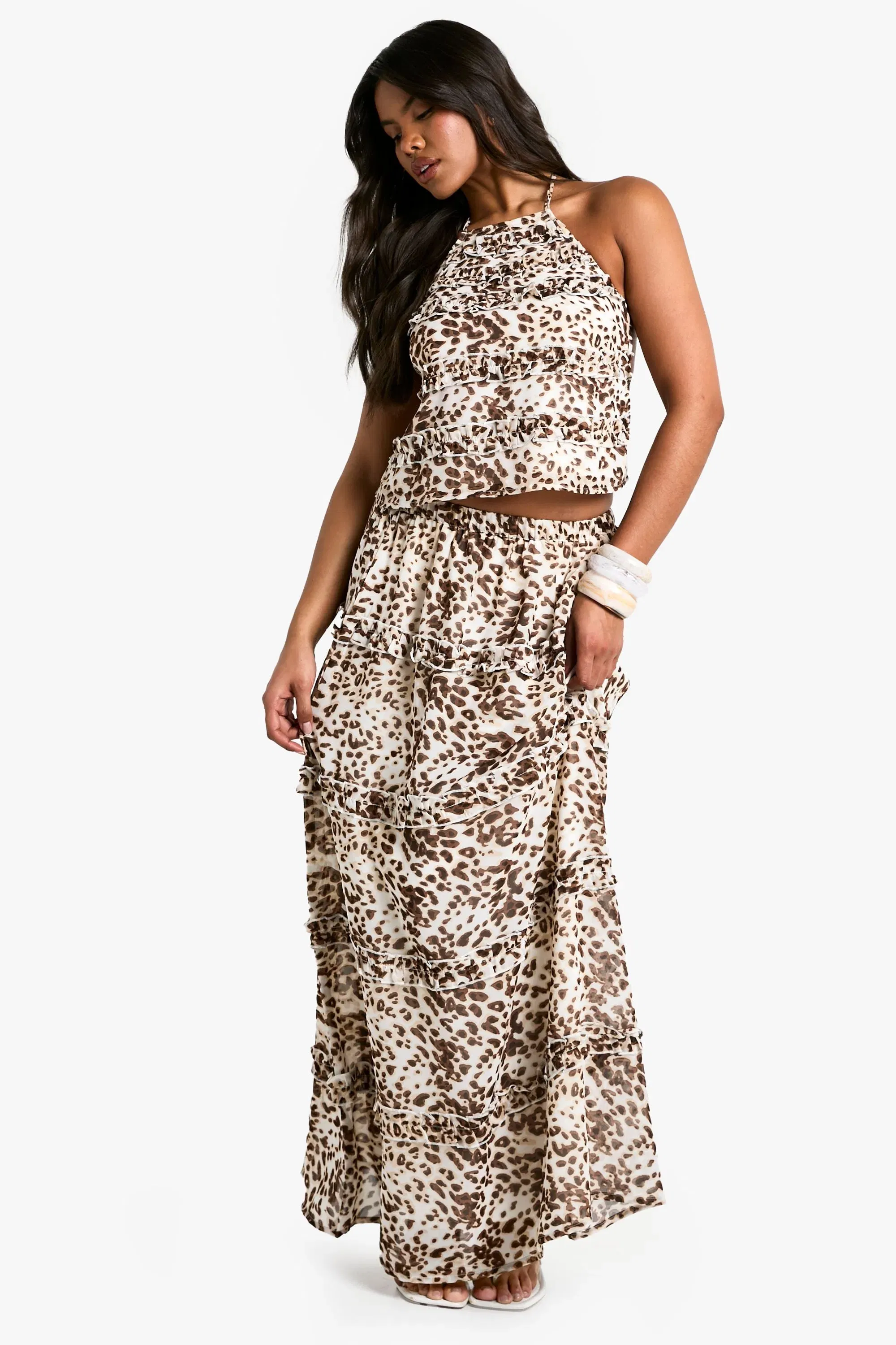 Leopard Print Ruffle High Neck Woven Cami Top