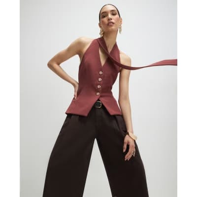 Brown Sleeveless Scarf Neck Waistcoat