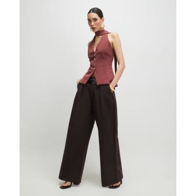 Brown Sleeveless Scarf Neck Waistcoat