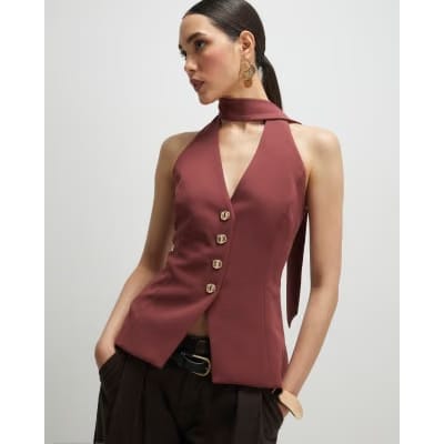 Brown Sleeveless Scarf Neck Waistcoat