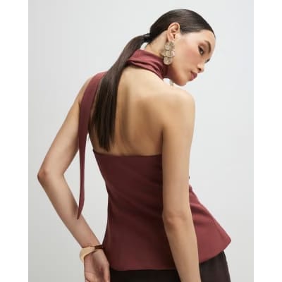Brown Sleeveless Scarf Neck Waistcoat