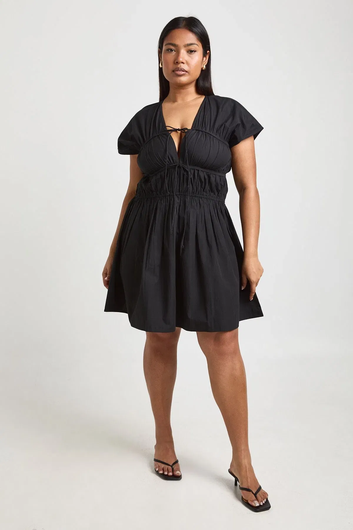 Plus Cotton Poplin Shirred Mini Dress