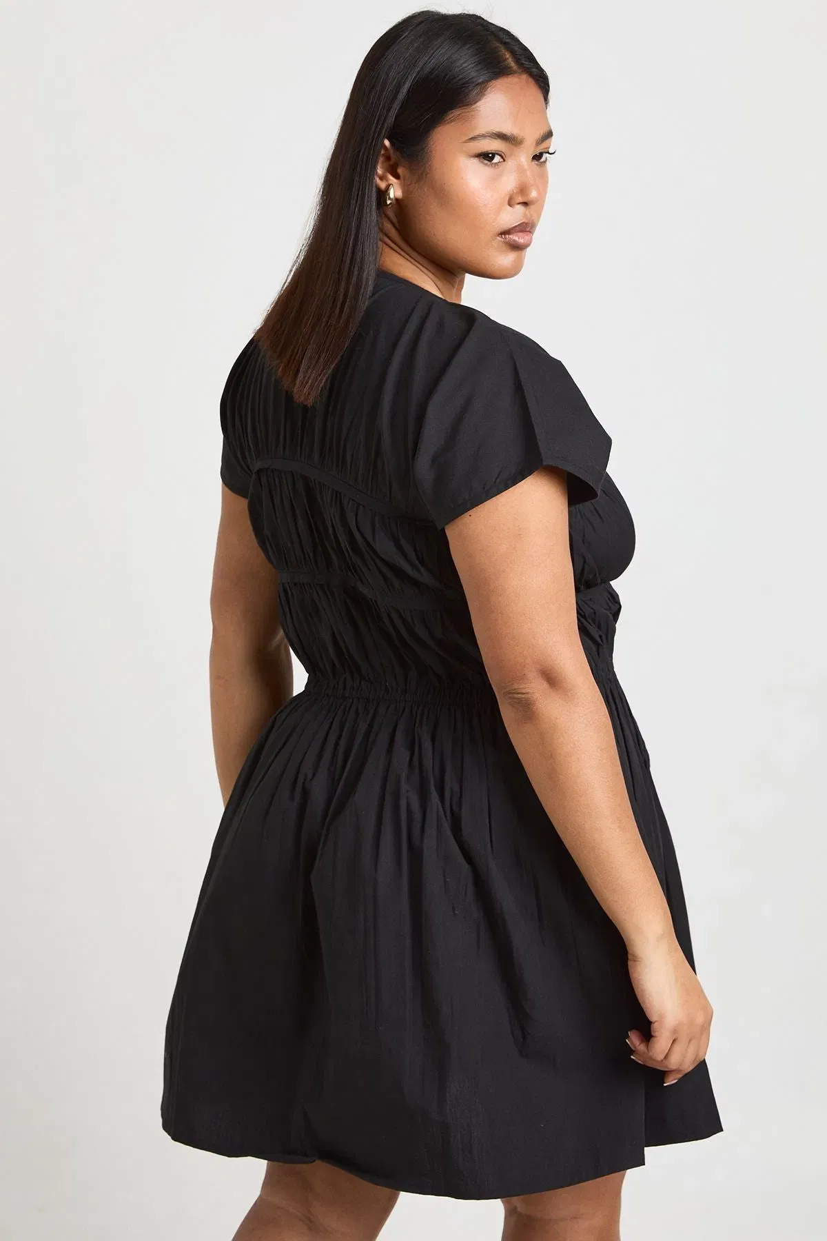 Plus Cotton Poplin Shirred Mini Dress