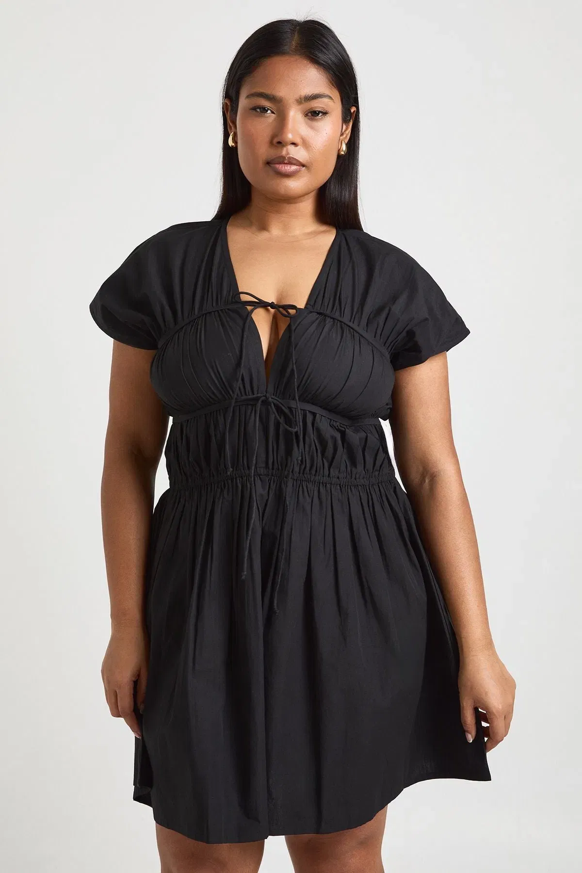 Plus Cotton Poplin Shirred Mini Dress
