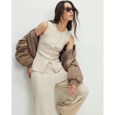 Beige Sleeveless Textured Button Through Top