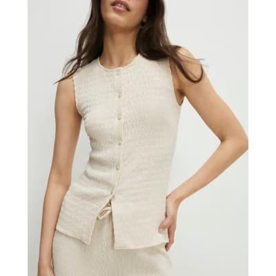 Beige Sleeveless Textured Button Through Top