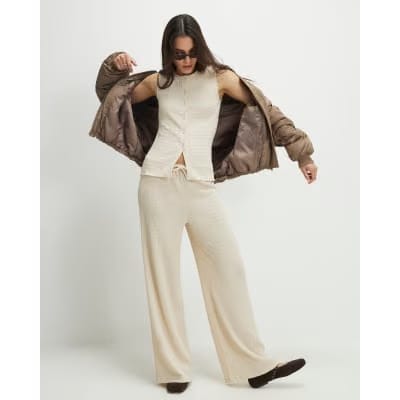 Beige Sleeveless Textured Button Through Top