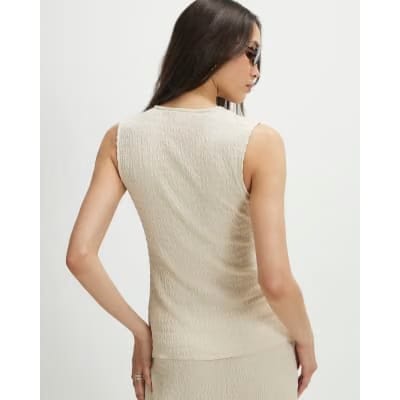 Beige Sleeveless Textured Button Through Top