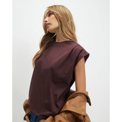 Brown Short Sleeve Pleat Shoulder T-shirt