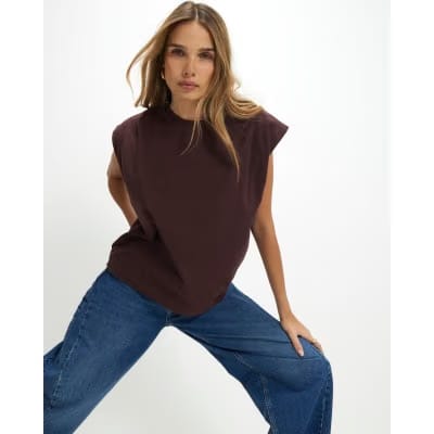 Brown Short Sleeve Pleat Shoulder T-shirt