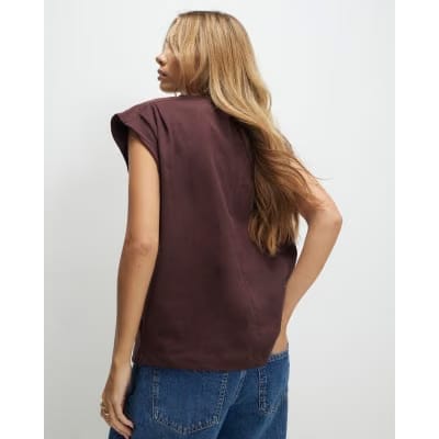 Brown Short Sleeve Pleat Shoulder T-shirt