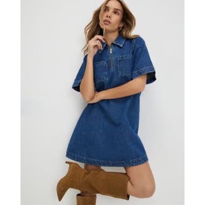 Blue Denim Zip Front Mini Shirt Dress