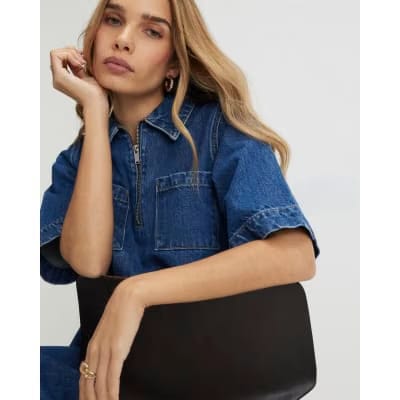 Blue Denim Zip Front Mini Shirt Dress