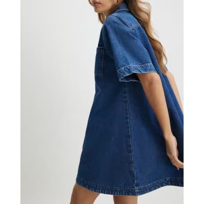 Blue Denim Zip Front Mini Shirt Dress