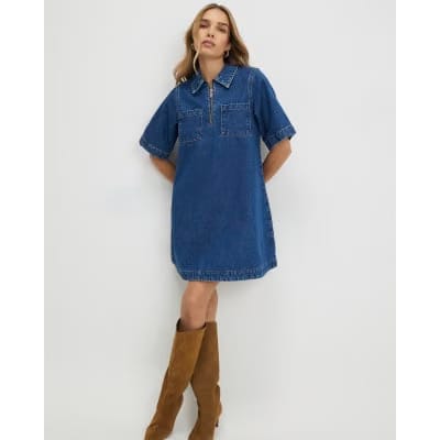 Blue Denim Zip Front Mini Shirt Dress