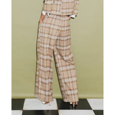 Beige Check Pleated Wide Leg Trousers